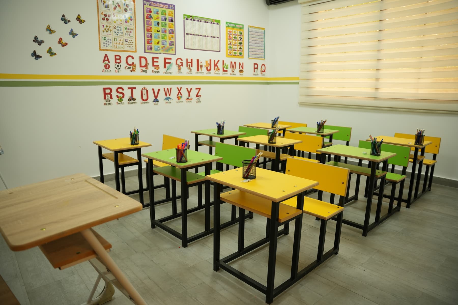 A Primary classroom, set out with individual desks